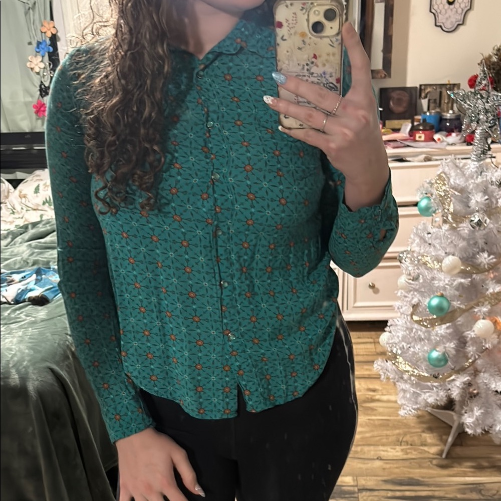 Green Floral Button-Up Women's Top